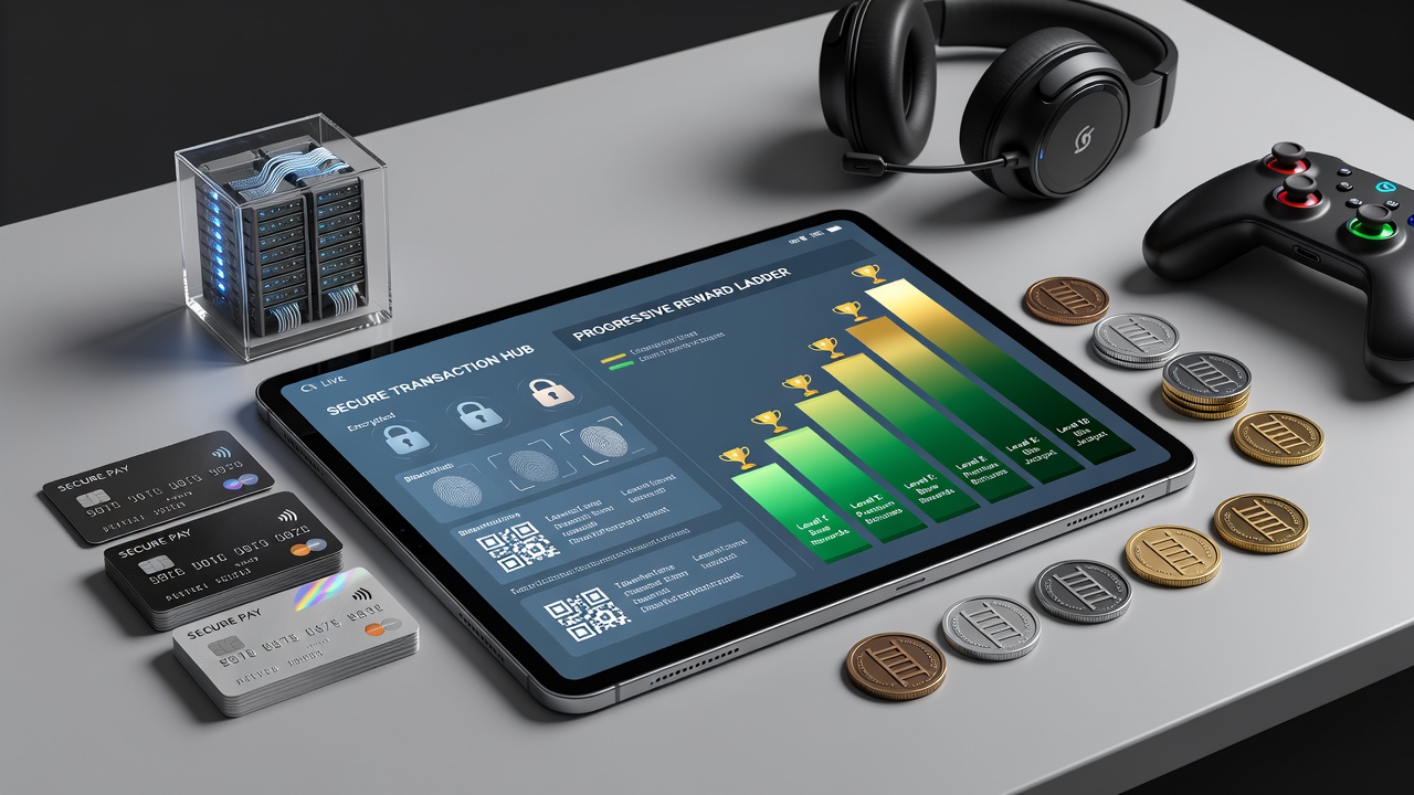 Illustratie van beveiligde mobiele transacties gekoppeld aan beloningsstructuren in live gaming