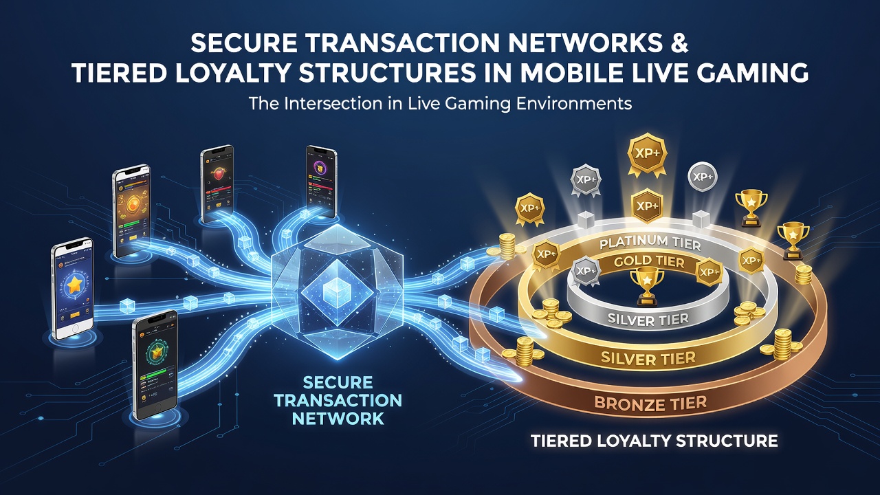 Illustratie van mobiele live gaming interfaces met beveiligde transacties en loyaliteitsniveaus