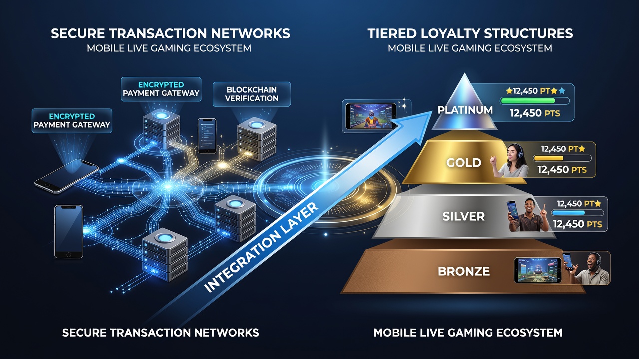 Grafische weergave van gelaagde loyaliteitsniveaus verbonden met beveiligde mobiele transacties in live gaming