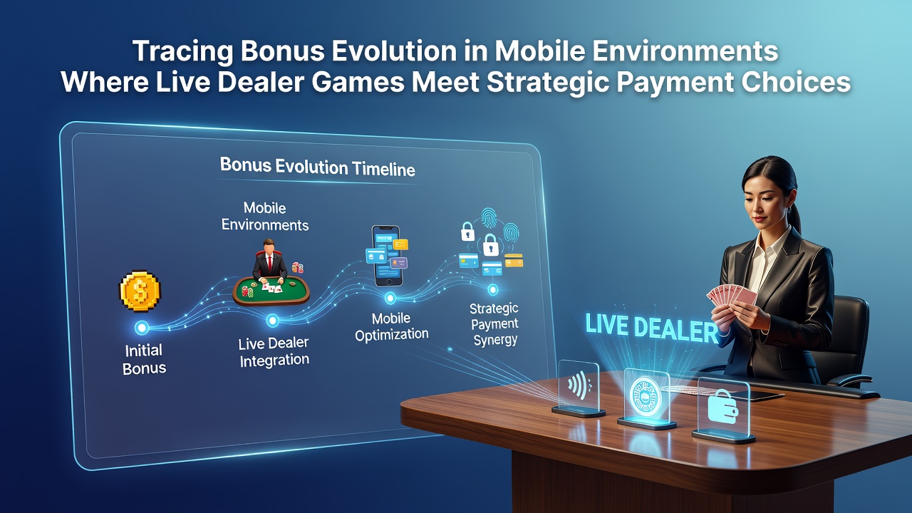 Illustratie van mobiele casino interfaces met live dealer spellen en bonusstructuren