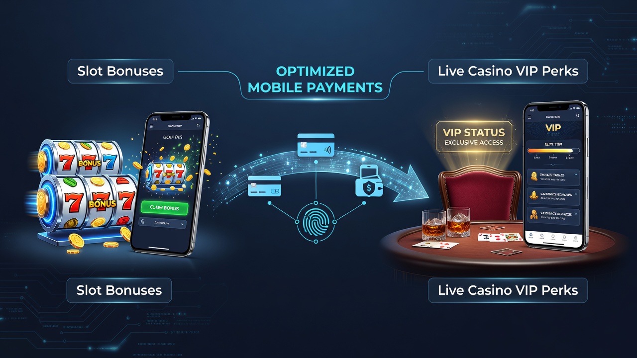 Overzicht van mobiele casino interfaces met slotbonussen en VIP-niveaus