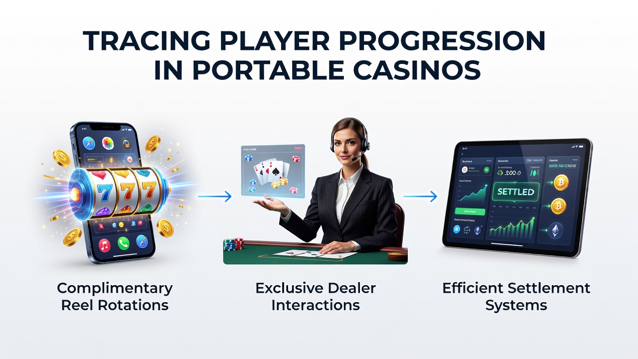 Overzicht van mobiele casino interfaces die spelersprogressie tonen van gratis spins naar live dealer sessies